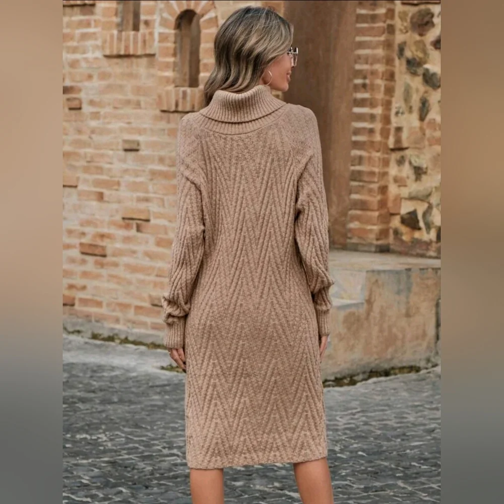 New Boho Chevron Knit Turtleneck Sweater Dress Camel Tan Beige - Picture 4 of 7